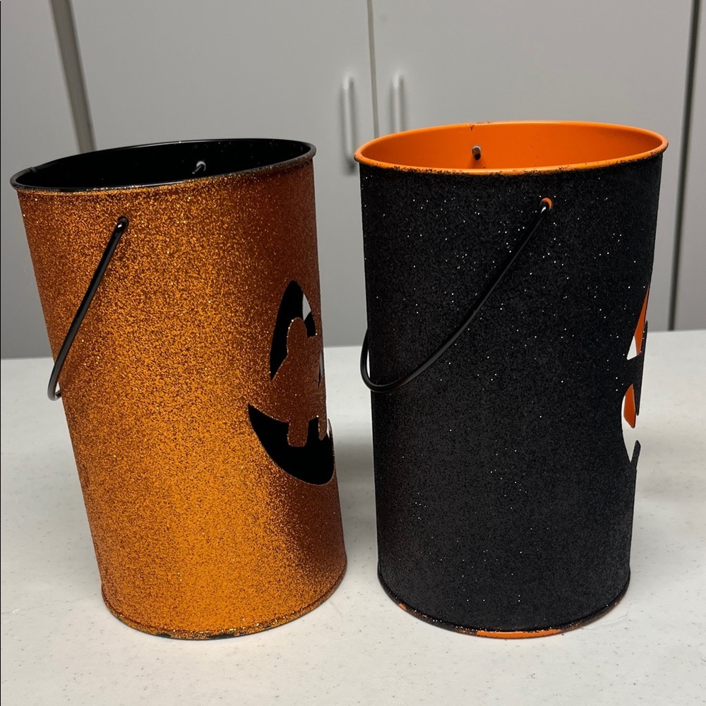 Set of 2 Glitter Jack O Lantern Halloween Buckets Orange Black Decor 7” - Picture 4 of 9
